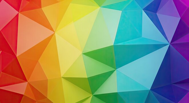 Vivid, geometric low-poly background in a rainbow gradient, offering a dynamic and modern abstract design