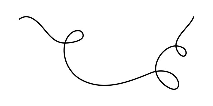 Wavy curly stroke one line art, hand drawn scribbly dividing loop element drawing continuous contour. Twiddle swirl separator curve strip, volutes and tendril design. Isolated. Editable stroke. Vector