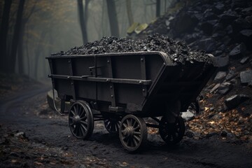 Old mining cart full of coal stands on a path in a misty forest, creating a dramatic and evocative scene
