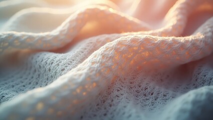 Soft pink crochet fabric with gentle folds and warm sunlight shining through creating a cozy texture and ambiance