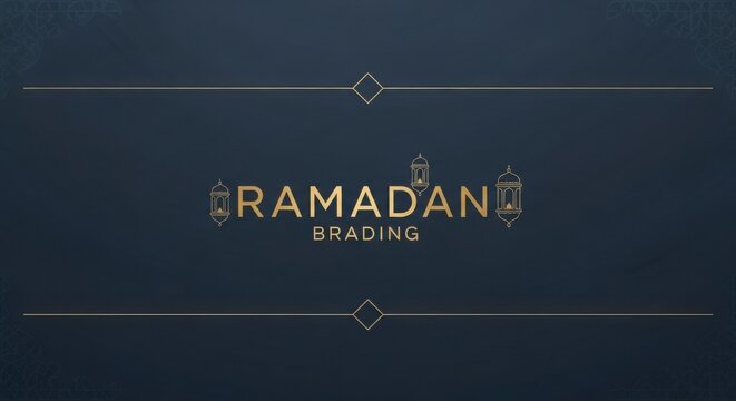 Ramadan branding template with elegant gold text and intricate lantern illustrations on a dark blue background, featuring decorative horizontal lines and diamond accents.