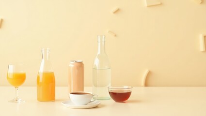 Assorted beverages on a table with a minimalist background featuring orange juice soda water coffee and tea