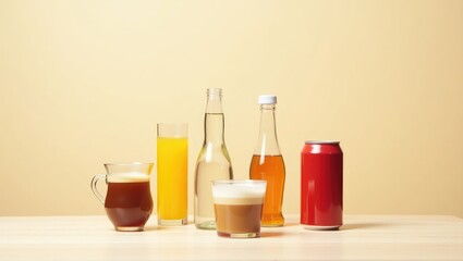 Assorted beverages on a table with glass and bottle containers including soda juice and coffee drinks