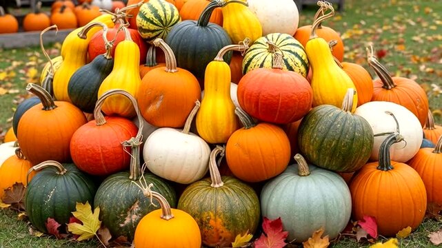 Abundance of Autumn Harvest - Colorful Pumpkins and Gourds Displayed in a Festive Pile.