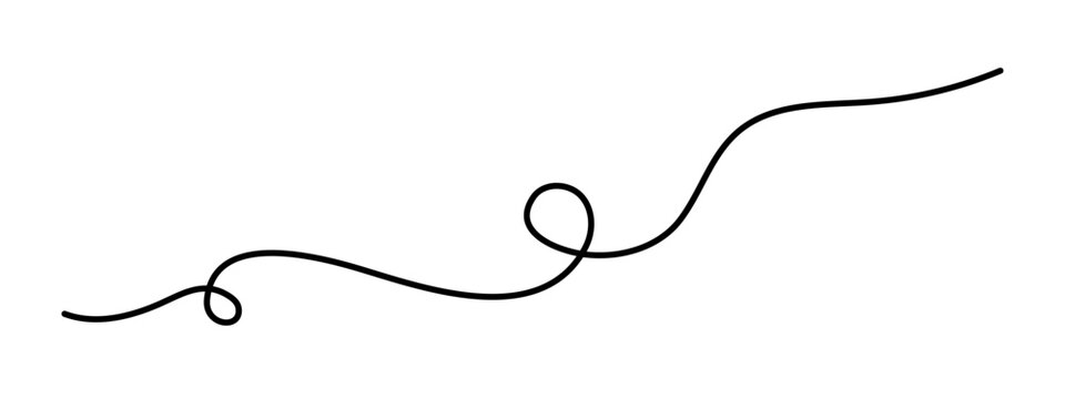 Wavy curly stroke one line art, hand drawn scribbly dividing loop element drawing continuous contour. Twiddle swirl separator curve strip, volutes and tendril design. Isolated. Editable stroke. Vector