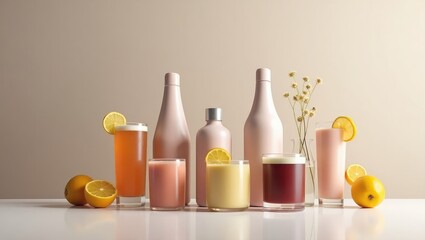A sleek and modern beverage arrangement with colorful drinks and fresh fruits on a white table against a beige background