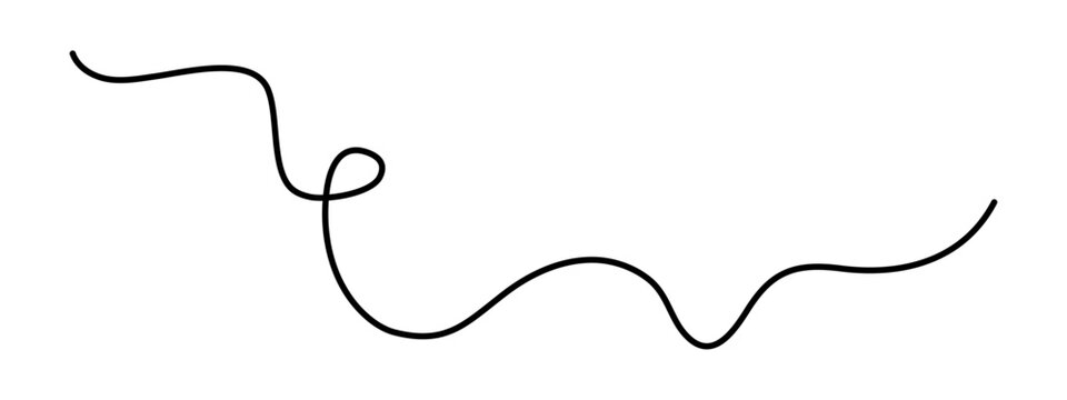 Wavy curly stroke one line art, hand drawn scribbly dividing loop element drawing continuous contour. Twiddle swirl separator curve strip, volutes and tendril design. Isolated. Editable stroke. Vector