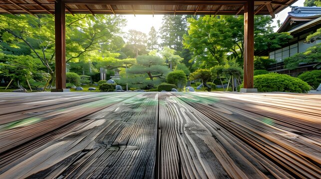 縁側から望む緑の日本庭園と木の床の質感