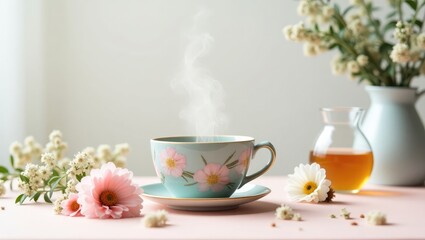 Steaming floral teacup on saucer with honey and flowers on pink table
