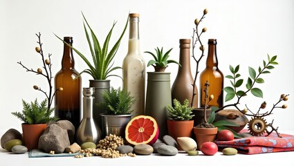 Still life composition featuring diverse assortment of plants bottles fruits and rocks on a table