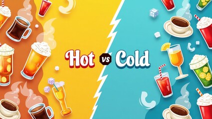 Vibrant hot vs cold drinks banner with steaming hot beverages and chilled drinks