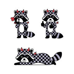 Cute cartoon raccoons with horns in various poses on white background