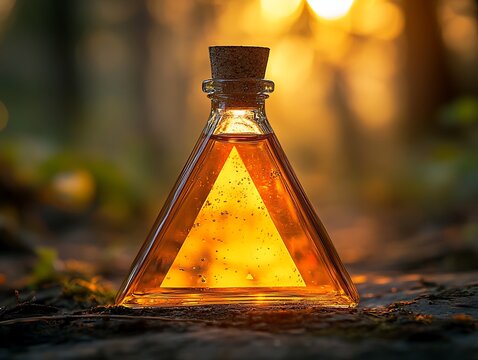 Mystical amber elixir in triangle bottle against a blurred forest backdrop