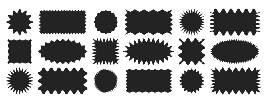 Vector set of black zig zag edge different geometric shapes. Scalloped borders, zigzag frames, sale sticker, serrated paper. Rectangle, circle, square badge with wavy edges. Jagged curved box elements