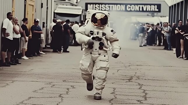 An astronaut in a full suit running in an open industrial area