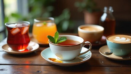 Vibrant cafe beverages on a wooden table with tea coffee and juice served with mint and ice for a cozy atmosphere