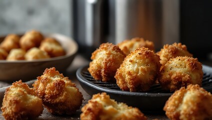 Deliciously golden toasted coconut macaroons with crispy textured edges are presented artfully on a dark serving dish showcasing their appealing homemade baked quality for dessert lovers.