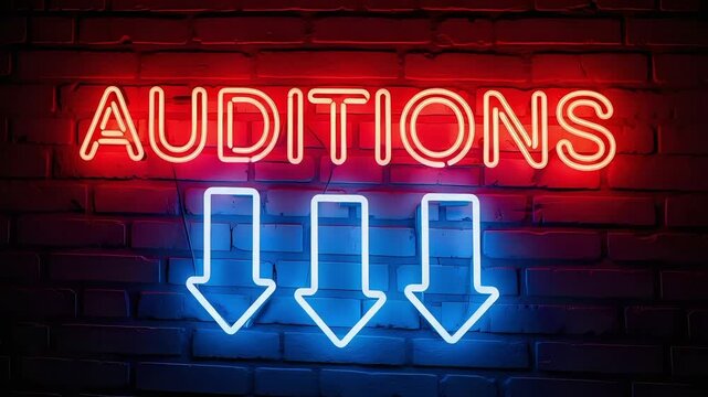 Vibrant neon auditions sign on brick wall with arrows
