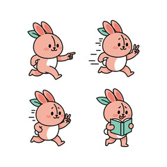 Cute cartoon rabbit character in various poses reading and gesturing with copy space