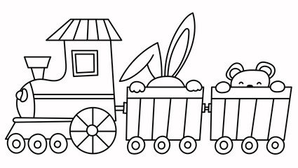 Coloring Page For Kids With A Train Featuring Bear And Bunny Riding © tan4ikk