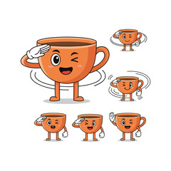 Cartoon coffee cups dancing with joy and happiness on white background