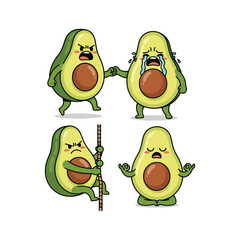 Angry avocado characters expressing emotions and feelings in a cartoon illustration with copy space