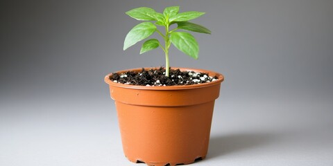 Fototapeta premium Delicate Green Sprout Emerging from a Clay Pot, Symbolizing New Beginnings and Environmental Hope