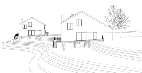 Obraz premium townhouse architectural sketch 3d illustration 