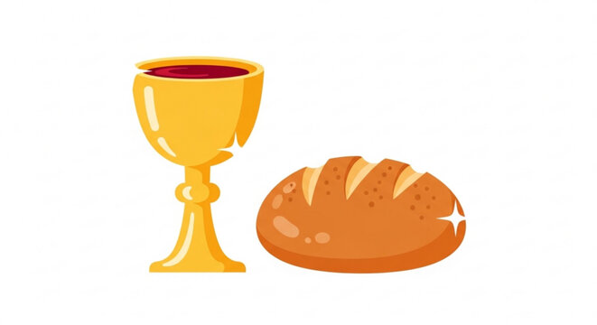 Golden chalice and loaf of bread on white background for communion or last supper