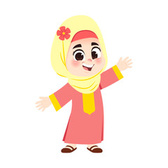 Muslim Girl Red Dress Happy Kid Open Arms Welcome