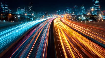 City Lights Highway: A mesmerizing long exposure captures the vibrant energy of a bustling highway at night, with streams of light illuminating the city skyline.