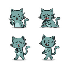 Sick cartoon cat with flu symptoms in various poses on white background