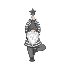 Gnome practicing yoga tree pose with star on white background