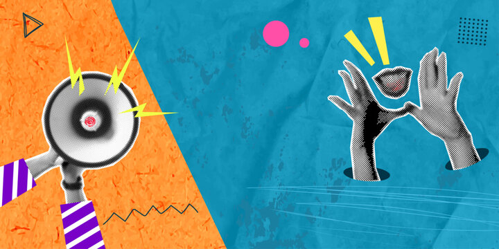 A stylish, trendy halftone collage in a contemporary art style. Diverse opinions. Hands, a person with a megaphone, a speaking mouth. This symbolizes ways of speaking and listening. A frantic discussi