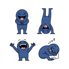 Cartoon character expressing different emotions and actions in a simple blue design