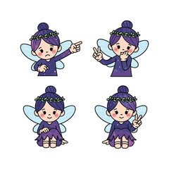 Cute cartoon fairy gestures and signs set with purple dress and green wreath