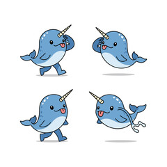 Cartoon narwhal characters in different poses and actions with cute expressions