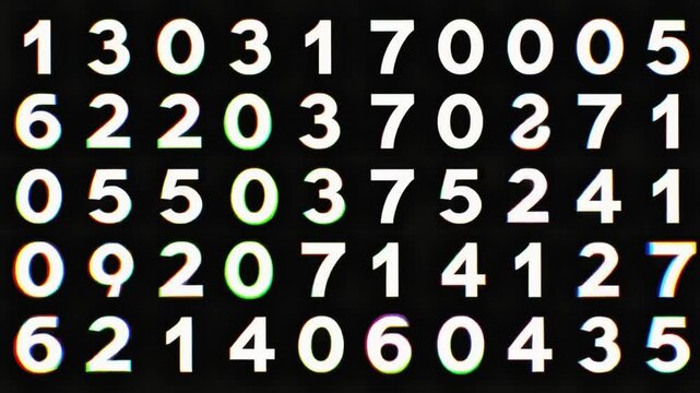 A grid of white numbers on a black background viewed from directly above showcasing a collection of numerical data in a digital format
