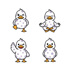 Adorable white duck cartoon characters in different poses on white background