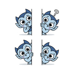 Cartoon character peeking through a curtain with different facial expressions and copy space