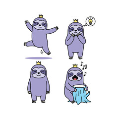 Cute cartoon sloth with crown in various poses and activities