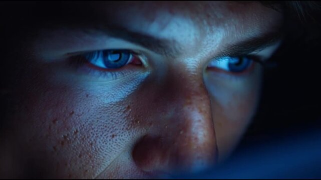 Close-up extremo de jovem profissional olhando para laptop &agrave; noite, luz azul da tela refletindo nos olhos cansados, microexpress&otilde;es sutis.