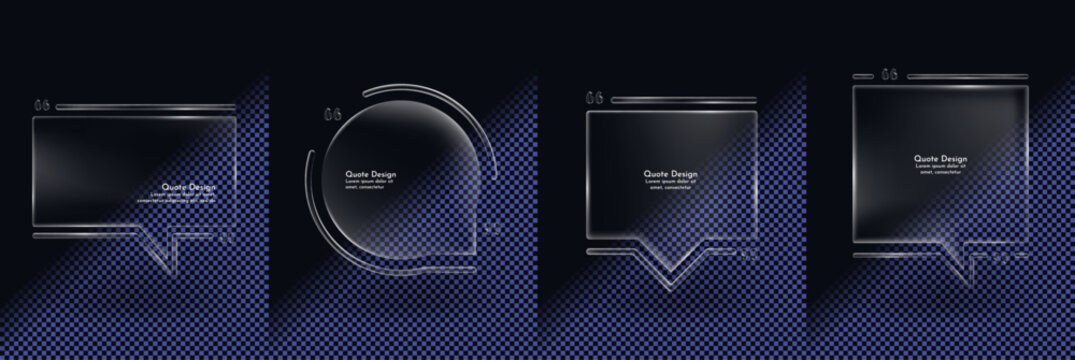 Vector illustration of a set of four glassmorphism quote bubbles with frosted glass effect and soft shadows on a dark blue gradient background.