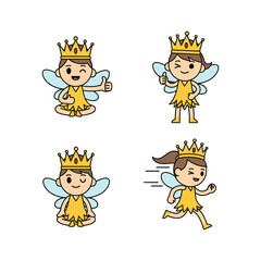 Cartoon princess fairy set in different poses and actions with yellow dress and crown