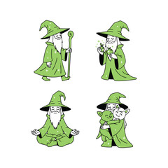 Cartoon wizard set in different poses and meditation with green robes