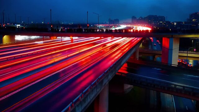 At night, a multilayer urban highway glows with long-exposure light trails; red and white streams race across overpasses as distant buildings and wet asphalt mirror deep neon hues.