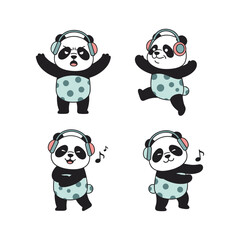 Cartoon pandas dancing with headphones in various poses on white background