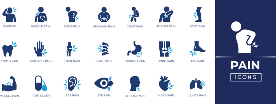 Body pain icon set for backache, headache, injury, muscle, teeth, ear,  and physical therapy symbols. Solid vector icon collection.