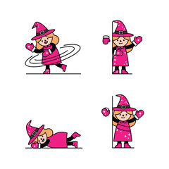 Cartoon witch exercising with hula hoop and dumbbells in various poses with copy space