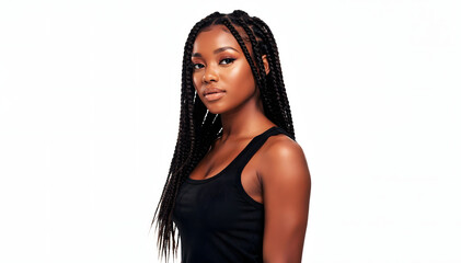 Naklejka premium Confident African Woman with Braids: Expressing Beauty and Strength with Style and Grace in Studio. Ideal for Empowerment and Diversity Concepts. (185/185)